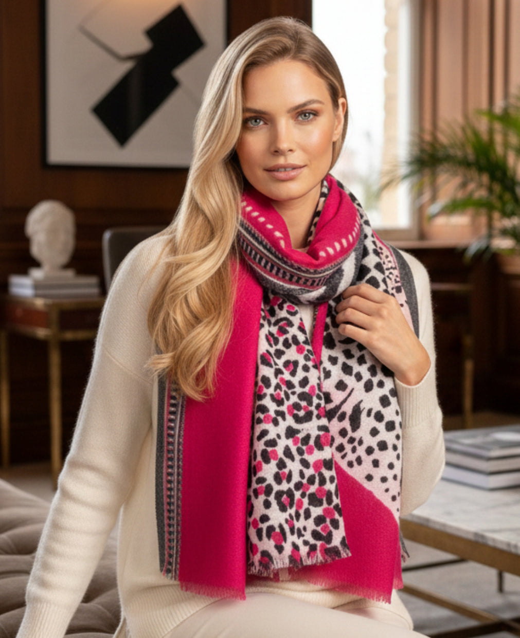 LARGE FUCHSIA PINK TIGER AND LEOPARD PRINT SHAWL SCARF