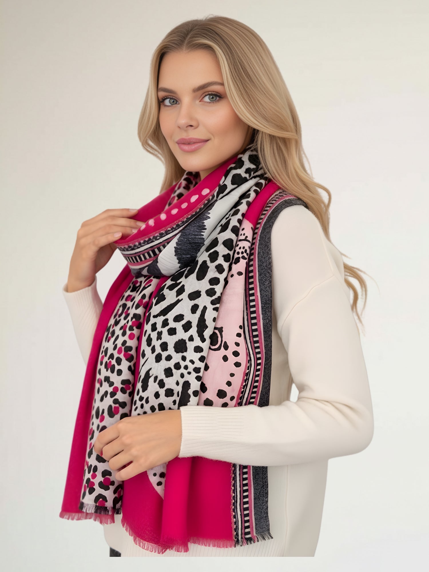 LARGE FUCHSIA PINK TIGER AND LEOPARD PRINT SHAWL SCARF