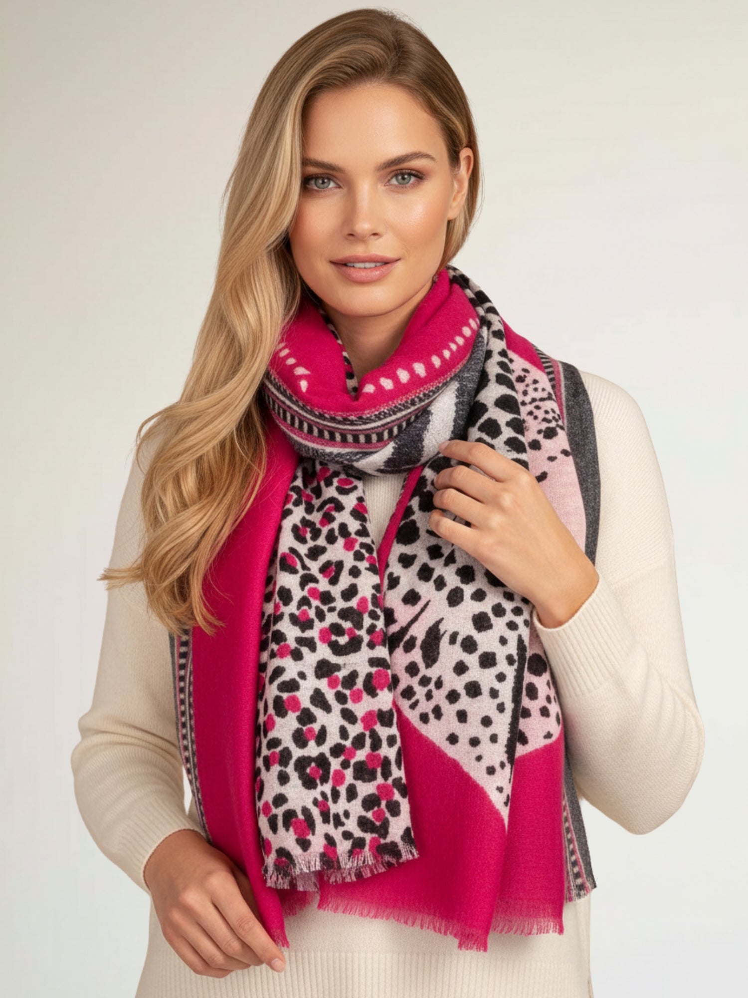 LARGE FUCHSIA PINK TIGER AND LEOPARD PRINT SHAWL SCARF