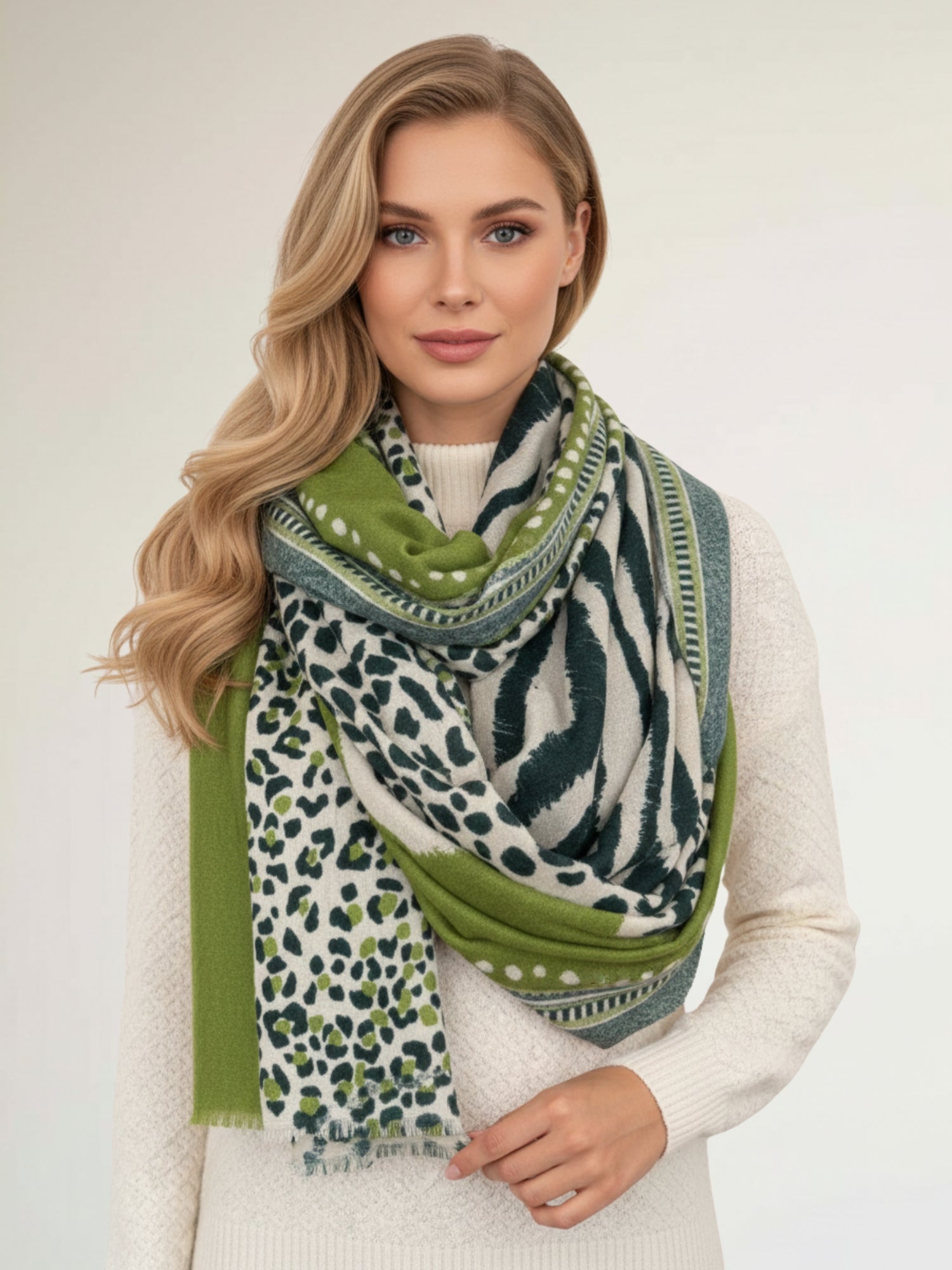 LARGE GREEN TIGER AND LEOPARD PRINT SHAWL SCARF