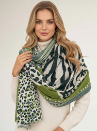 LARGE GREEN TIGER AND LEOPARD PRINT SHAWL SCARF