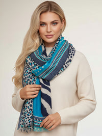 LARGE TURQUOISE BLUE TIGER AND LEOPARD PRINT SHAWL SCARF