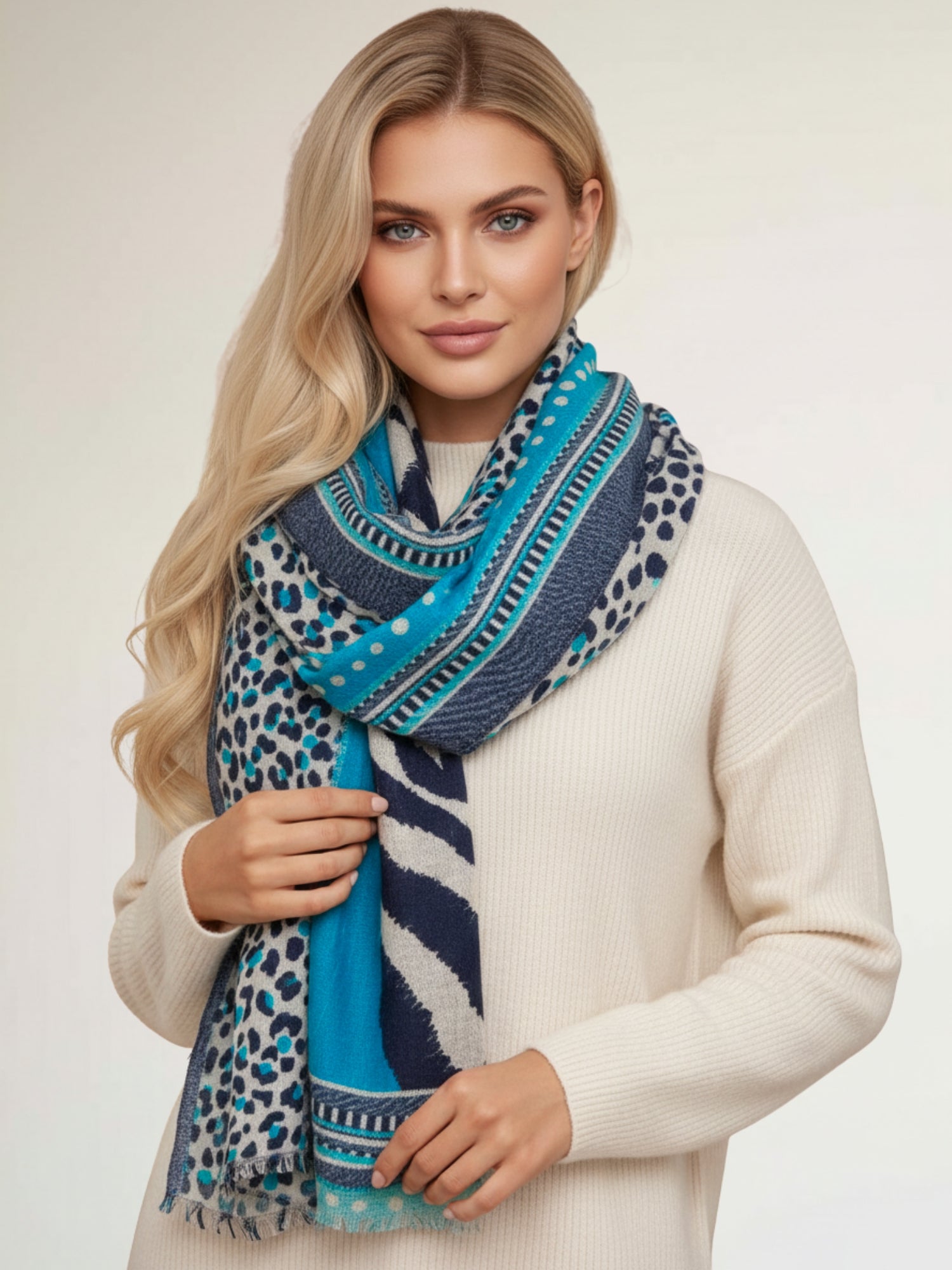 LARGE TURQUOISE BLUE TIGER AND LEOPARD PRINT SHAWL SCARF