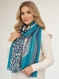 LARGE TURQUOISE BLUE TIGER AND LEOPARD PRINT SHAWL SCARF