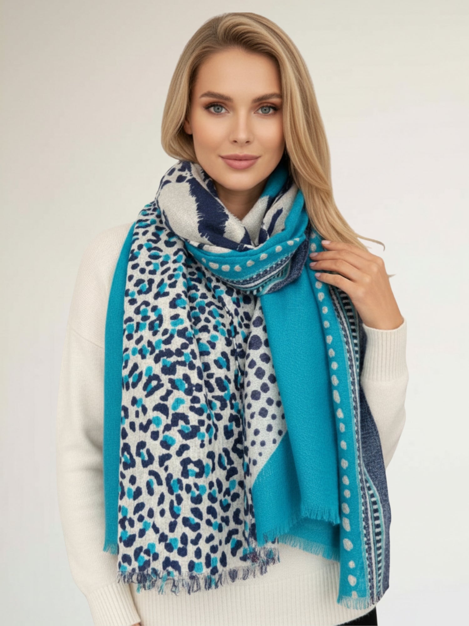 LARGE TURQUOISE BLUE TIGER AND LEOPARD PRINT SHAWL SCARF