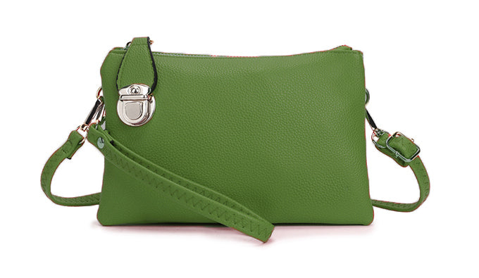 SMALL MULTI-POCKET CROSS BODY CLUTCH BAG WITH WRISTLET - APPLE GREEN