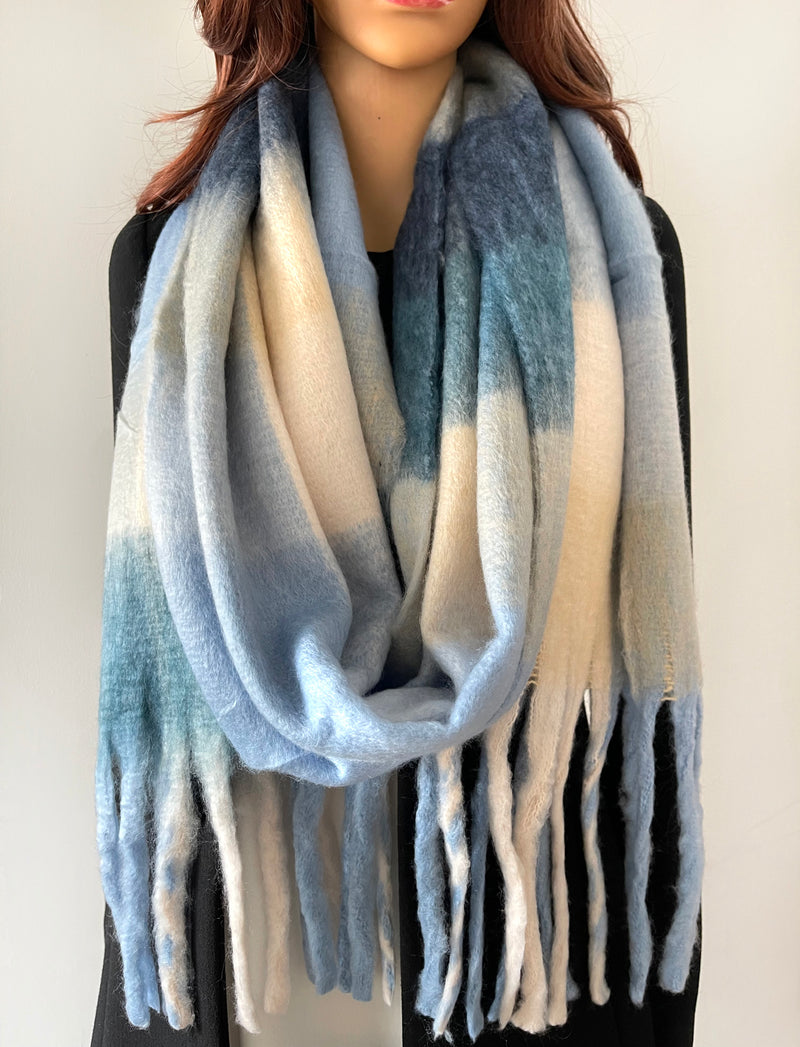 BABY BLUE CHECKED WOOL RAINBOW BLANKET SCARF OVERSIZED WINTER SHAWL WRAP