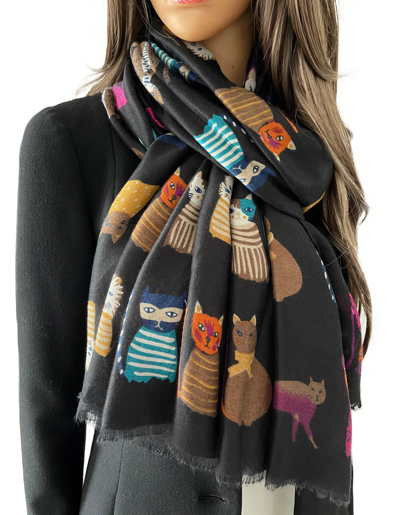 BLACK COTTON BLEND CAT PRINT LIGHTWEIGHT SCARF