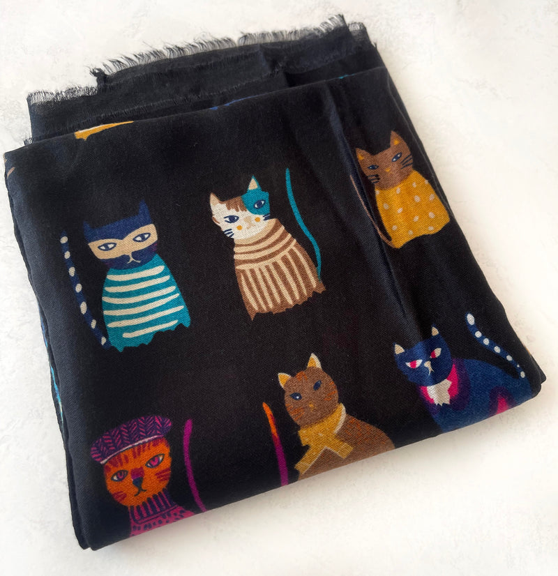 BLACK COTTON BLEND CAT PRINT LIGHTWEIGHT SCARF