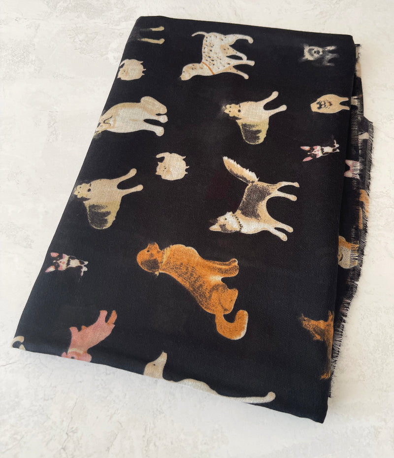 BLACK COTTON BLEND DOG PRINT LIGHTWEIGHT SCARF