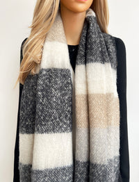 BLACK STRIPED WOOL BLANKET SCARF OVERSIZED WINTER SHAWL WRAP