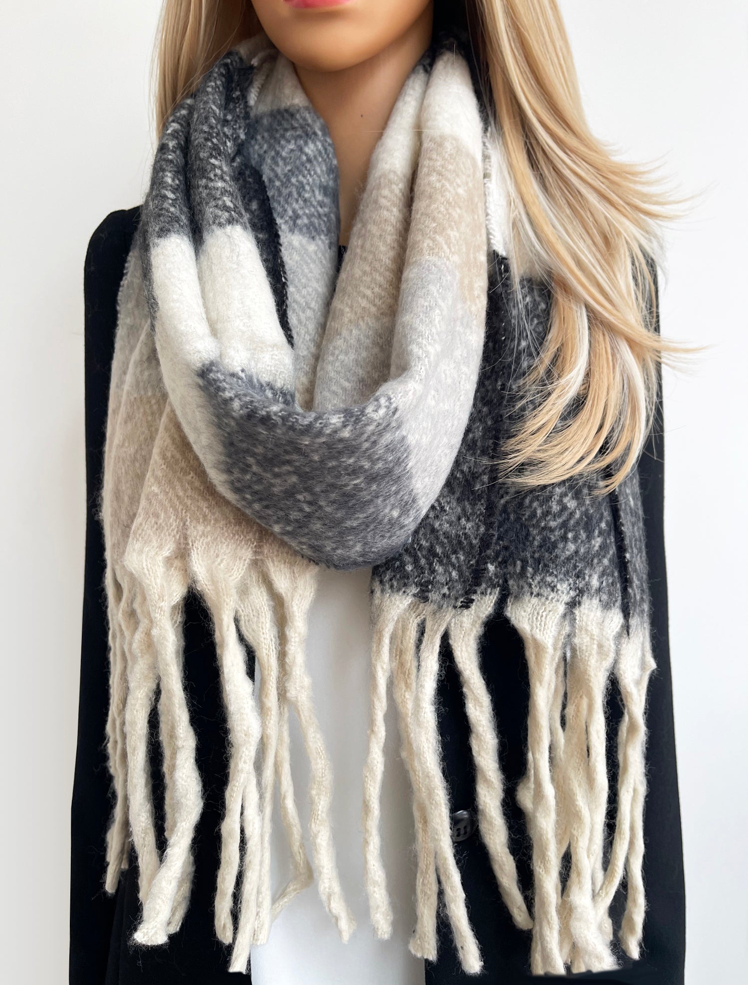 BLACK STRIPED WOOL BLANKET SCARF OVERSIZED WINTER SHAWL WRAP