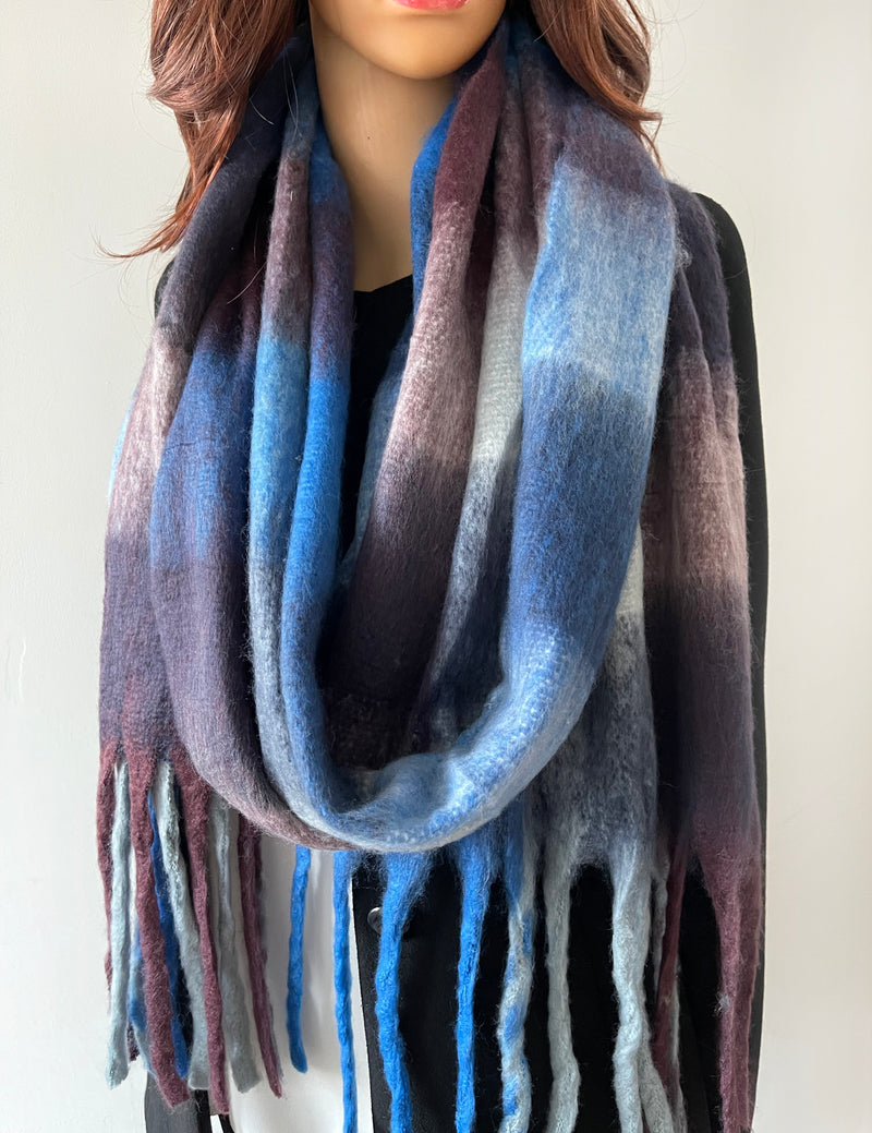 BLUE PURPLE CHECKED WOOL RAINBOW BLANKET SCARF OVERSIZED WINTER SHAWL WRAP