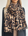 BROWN COTTON BLEND CLASSIC LEOPARD PRINT SCARF