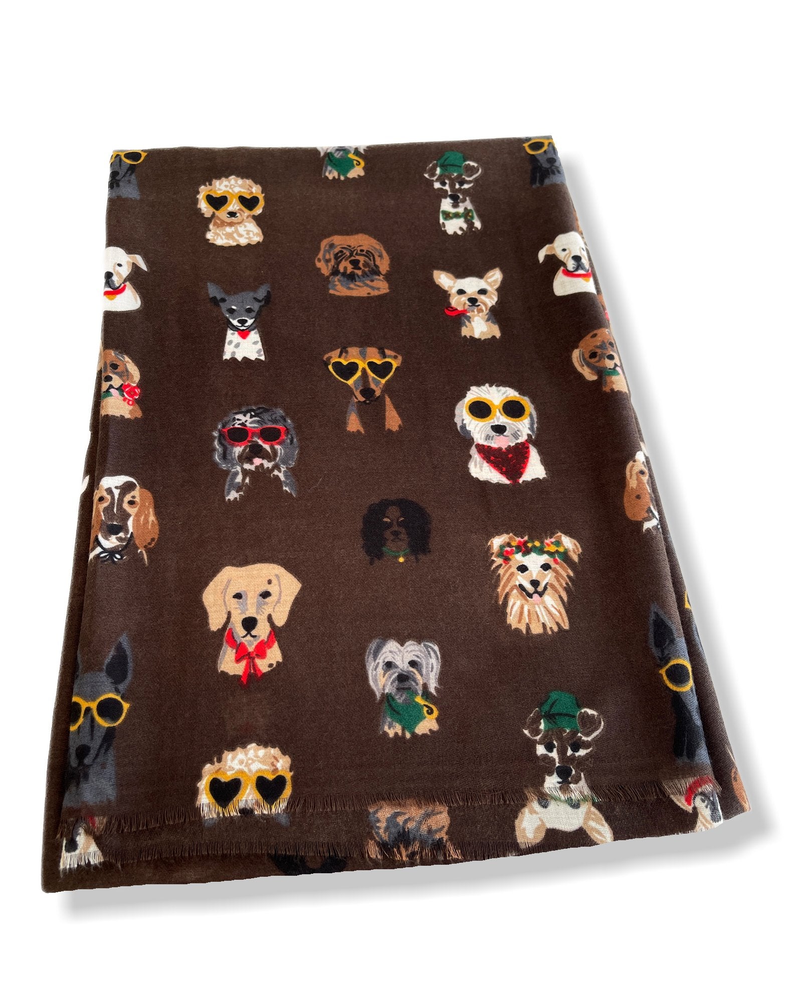 BROWN COTTON BLEND DOG PRINT LIGHTWEIGHT SCARF