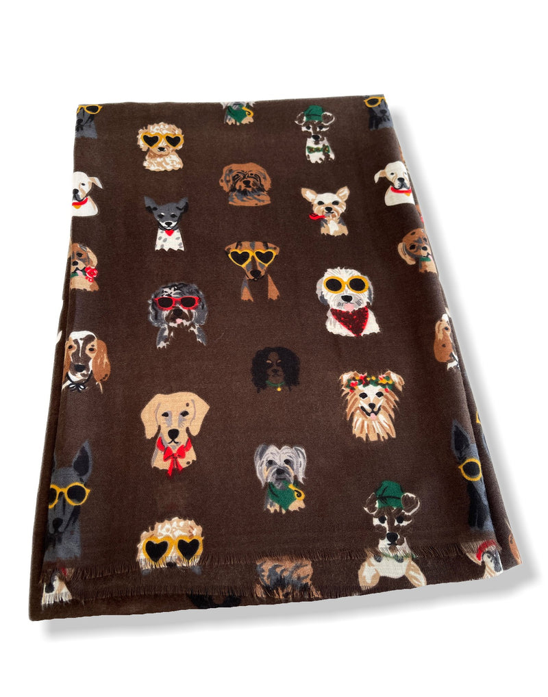 BROWN COTTON BLEND DOG PRINT LIGHTWEIGHT SCARF