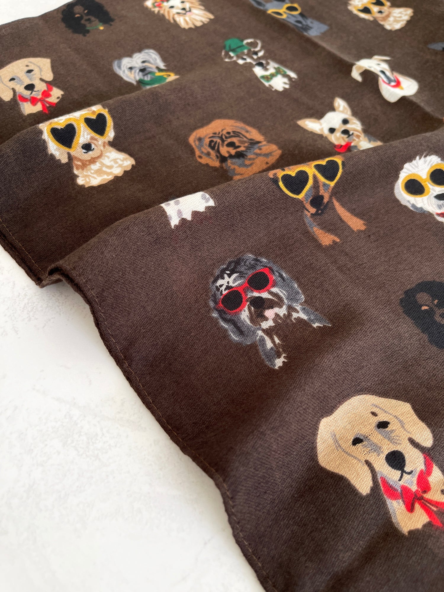 BROWN COTTON BLEND DOG PRINT LIGHTWEIGHT SCARF