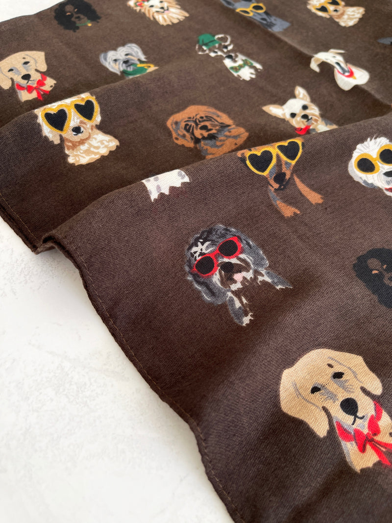 BROWN COTTON BLEND DOG PRINT LIGHTWEIGHT SCARF