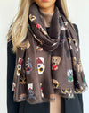 BROWN COTTON BLEND DOG PRINT LIGHTWEIGHT SCARF