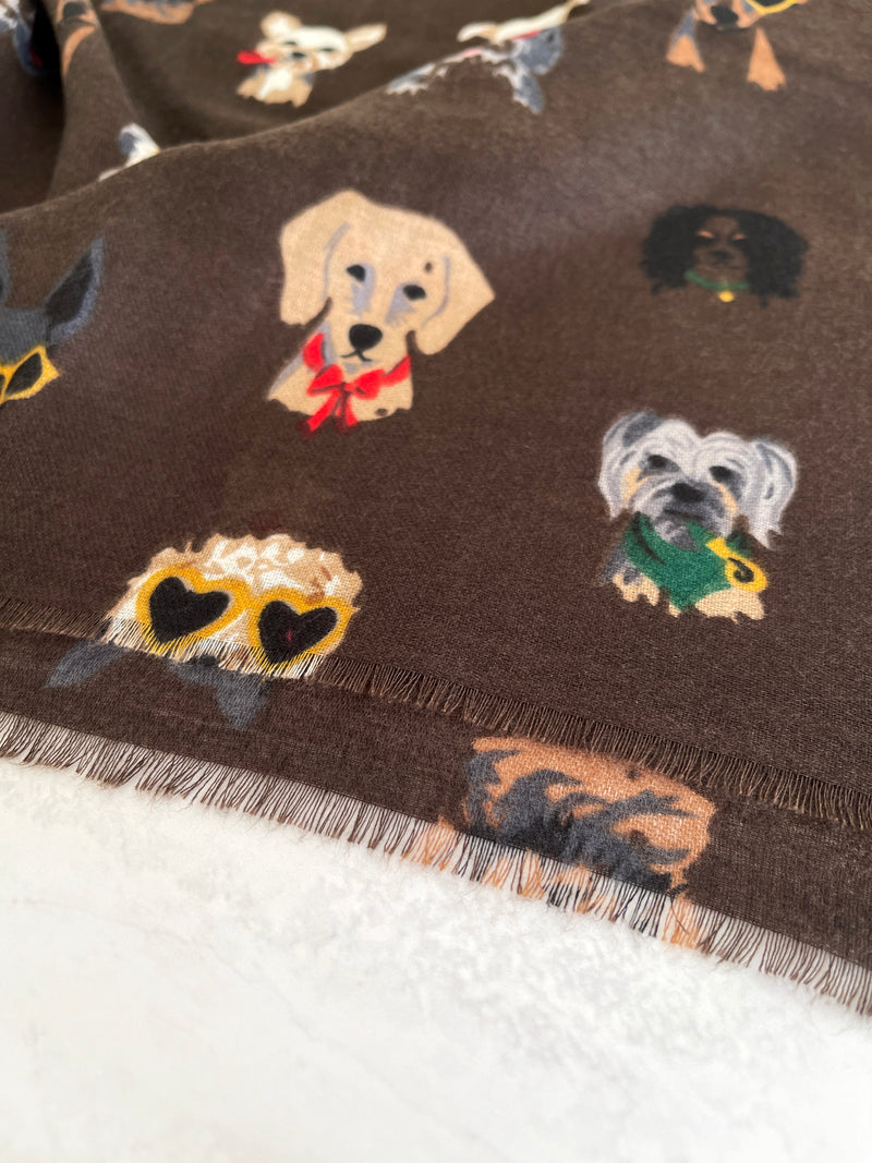 BROWN COTTON BLEND DOG PRINT LIGHTWEIGHT SCARF