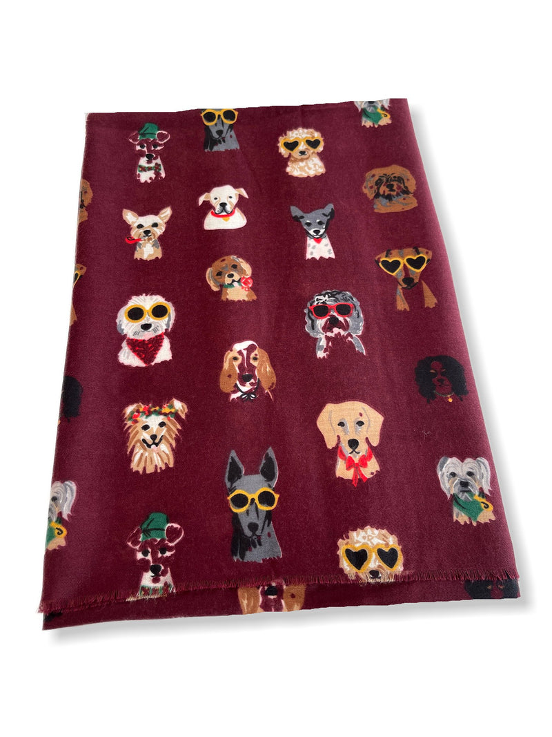 BURGUNDY COTTON BLEND DOG PRINT LIGHTWEIGHT SCARF