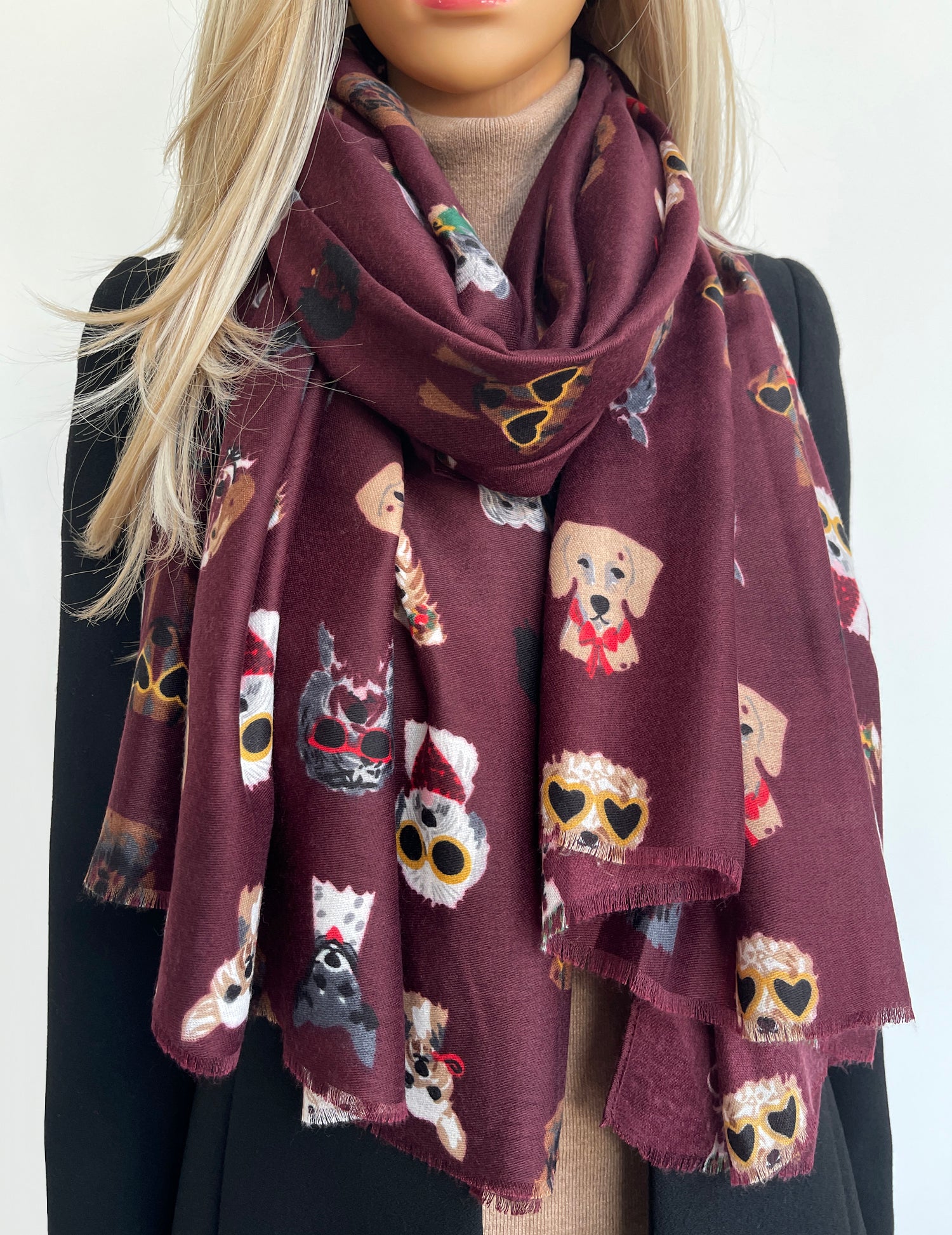BURGUNDY COTTON BLEND DOG PRINT LIGHTWEIGHT SCARF