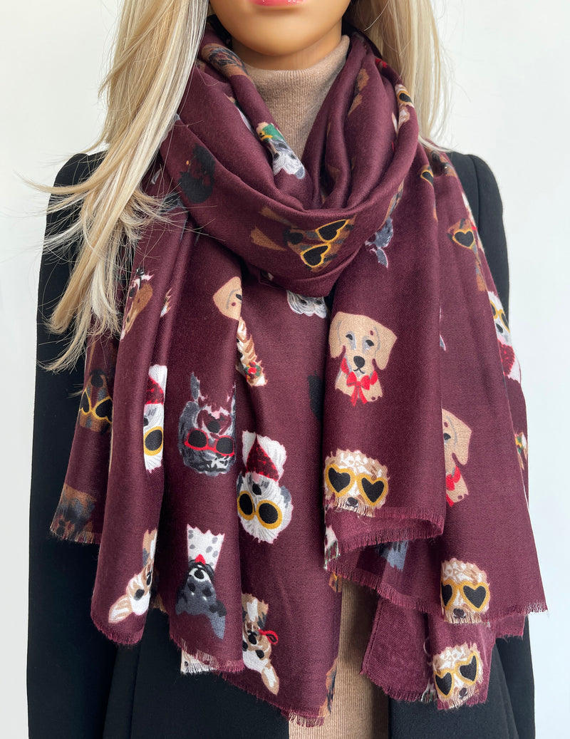 BURGUNDY COTTON BLEND DOG PRINT LIGHTWEIGHT SCARF
