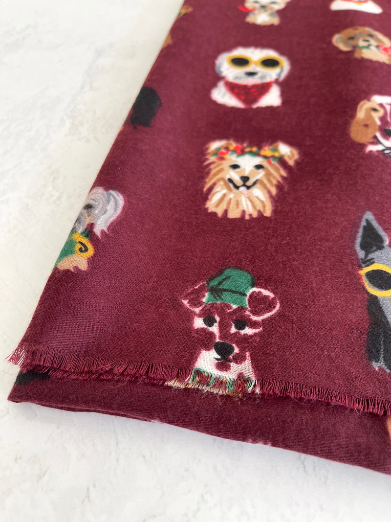 BURGUNDY COTTON BLEND DOG PRINT LIGHTWEIGHT SCARF