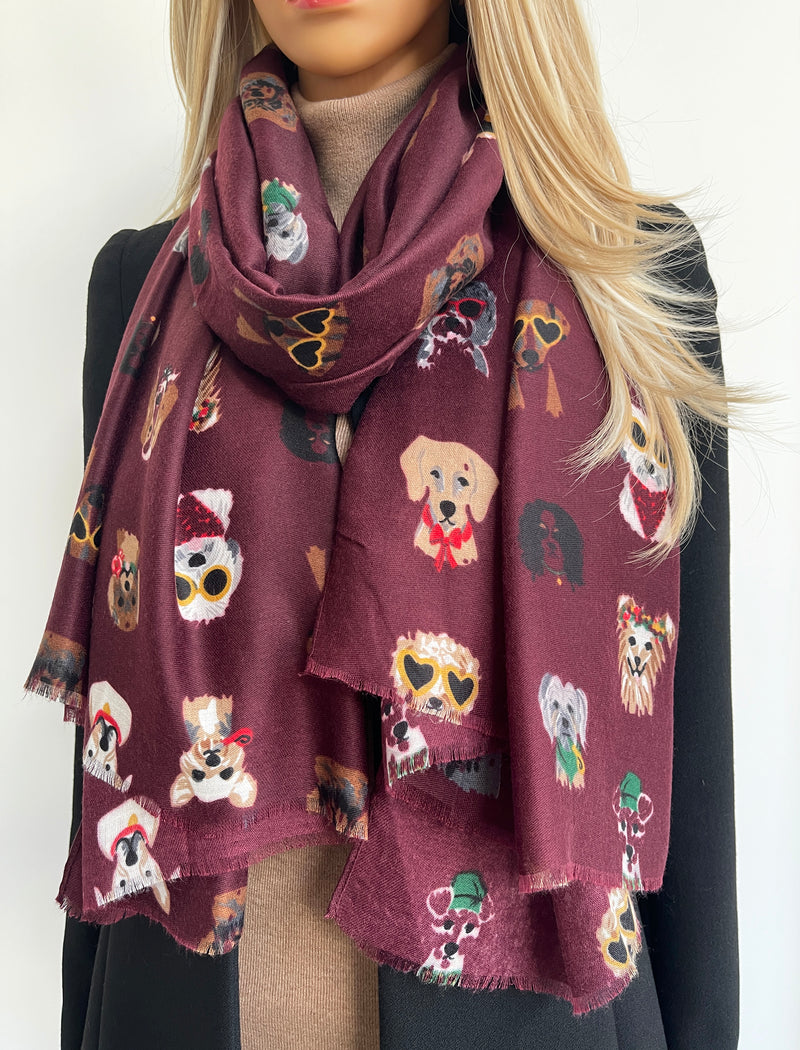 BURGUNDY COTTON BLEND DOG PRINT LIGHTWEIGHT SCARF