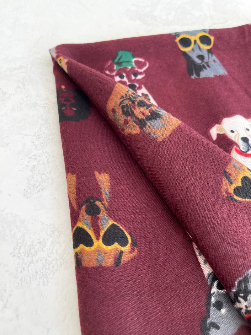 BURGUNDY COTTON BLEND DOG PRINT LIGHTWEIGHT SCARF