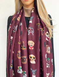BURGUNDY COTTON BLEND DOG PRINT LIGHTWEIGHT SCARF