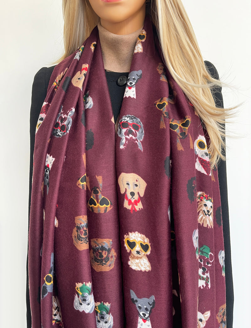 BURGUNDY COTTON BLEND DOG PRINT LIGHTWEIGHT SCARF