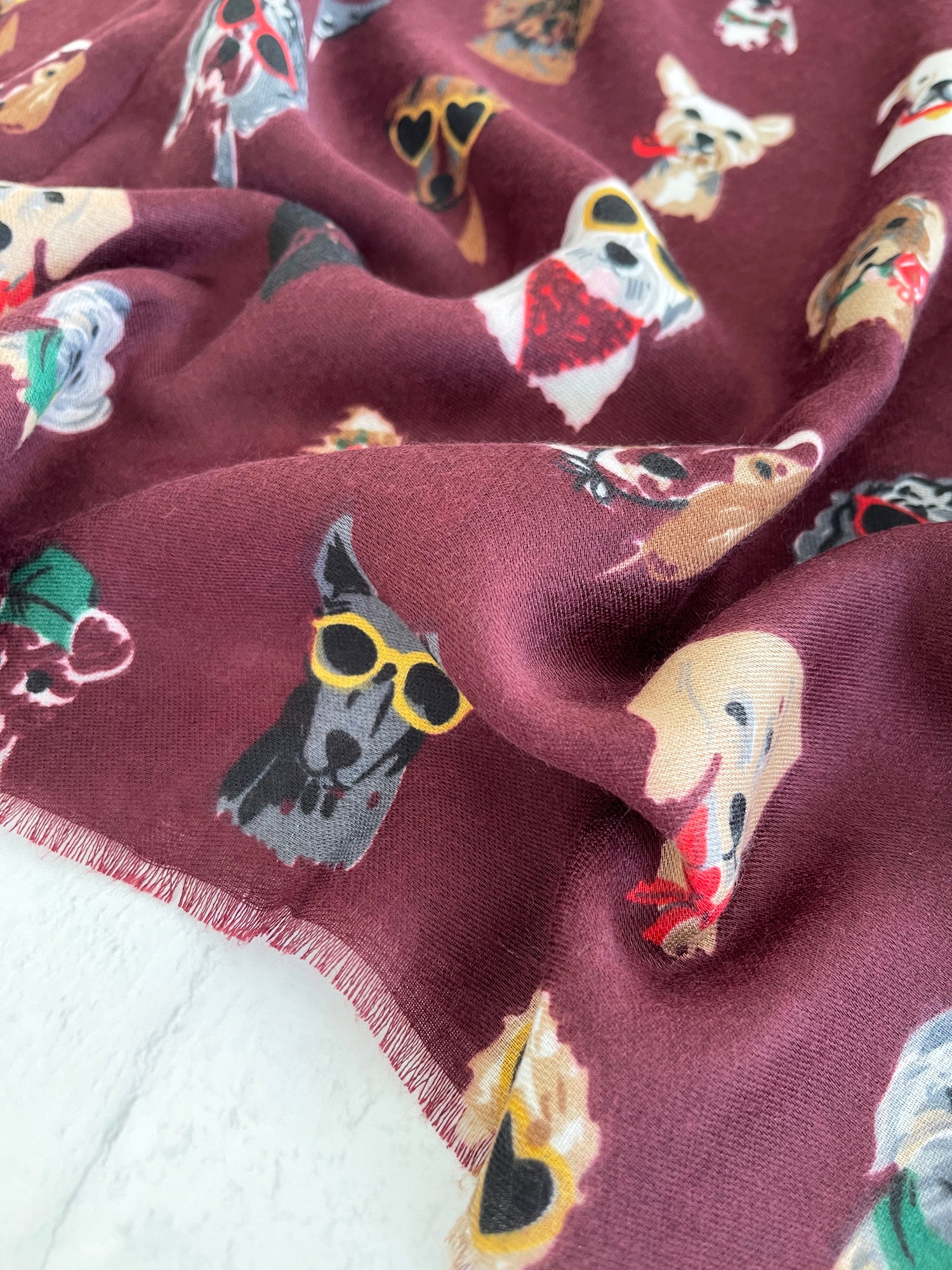 BURGUNDY COTTON BLEND DOG PRINT LIGHTWEIGHT SCARF