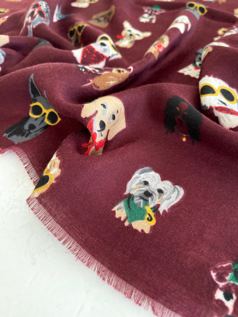 BURGUNDY COTTON BLEND DOG PRINT LIGHTWEIGHT SCARF