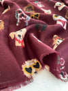 BURGUNDY COTTON BLEND DOG PRINT LIGHTWEIGHT SCARF