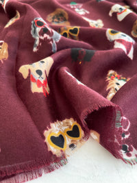 BURGUNDY COTTON BLEND DOG PRINT LIGHTWEIGHT SCARF