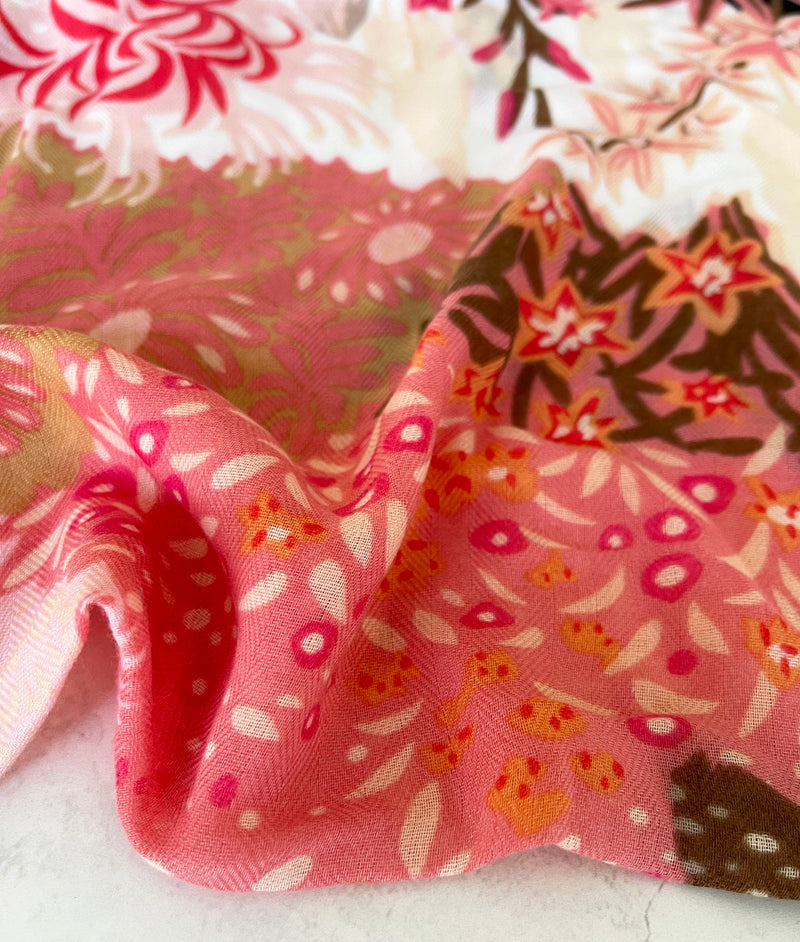 CORAL GARDEN FLORAL PRINT SQUARE TASSEL SCARF