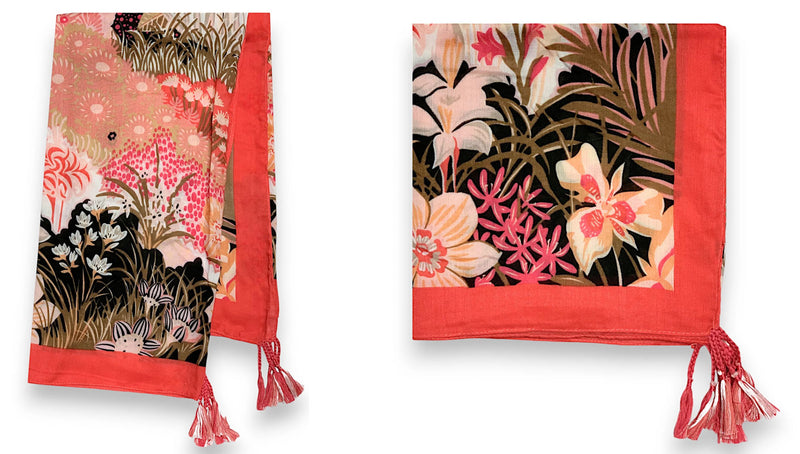 CORAL GARDEN FLORAL PRINT SQUARE TASSEL SCARF