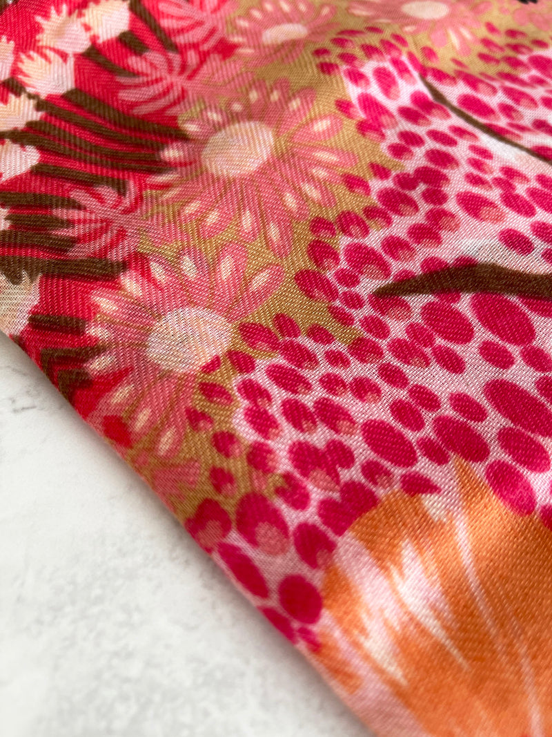 CORAL GARDEN FLORAL PRINT SQUARE TASSEL SCARF