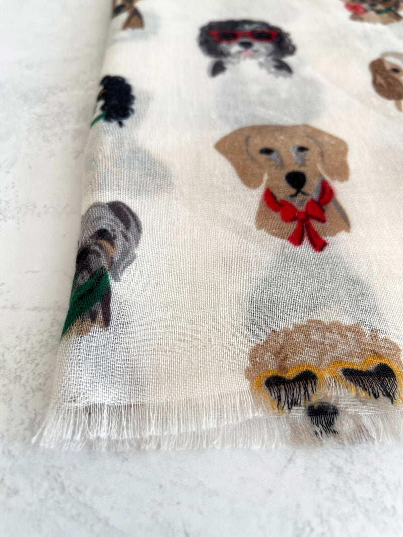 CREAM COTTON BLEND DOG PRINT LIGHTWEIGHT SCARF