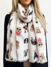 CREAM COTTON BLEND DOG PRINT LIGHTWEIGHT SCARF