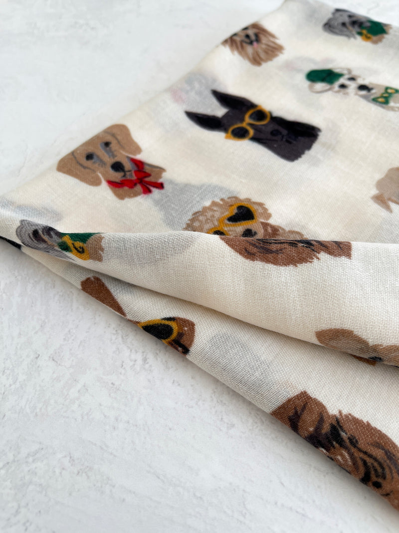 CREAM COTTON BLEND DOG PRINT LIGHTWEIGHT SCARF