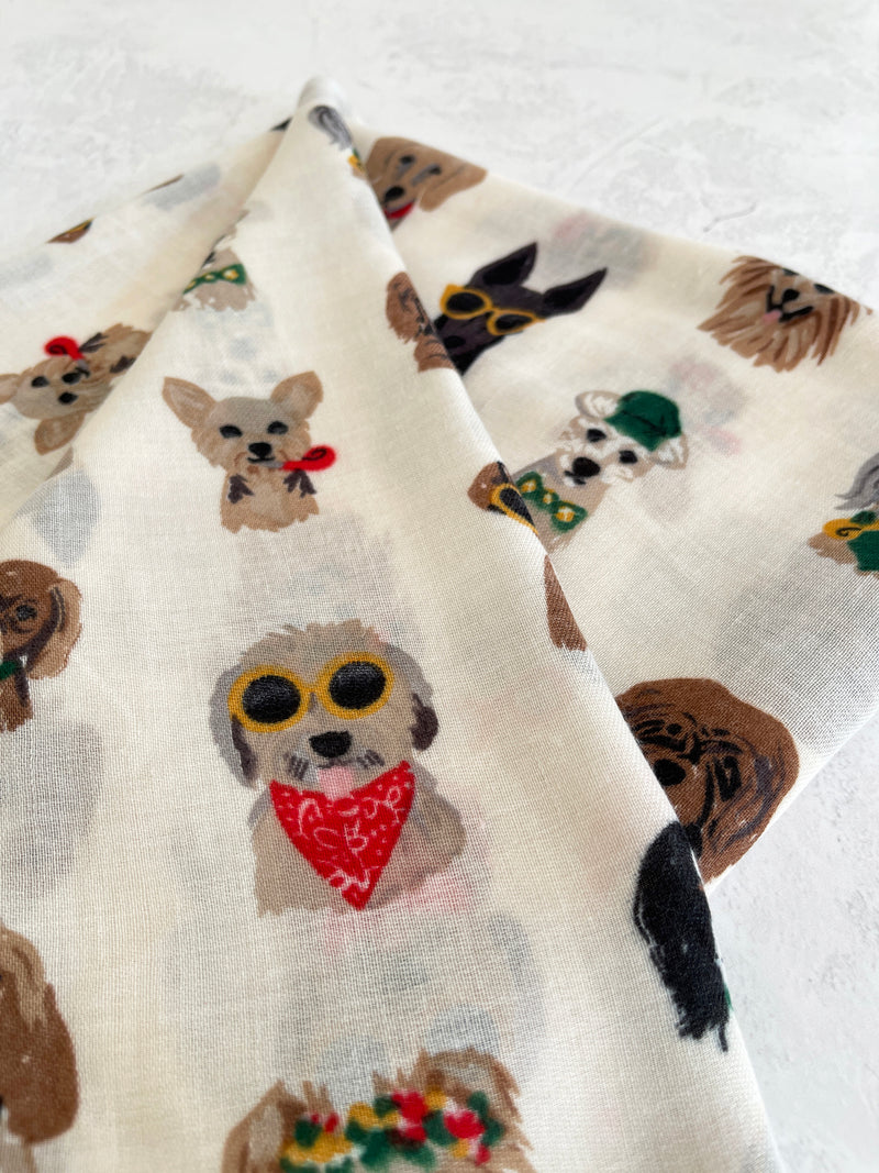 CREAM COTTON BLEND DOG PRINT LIGHTWEIGHT SCARF