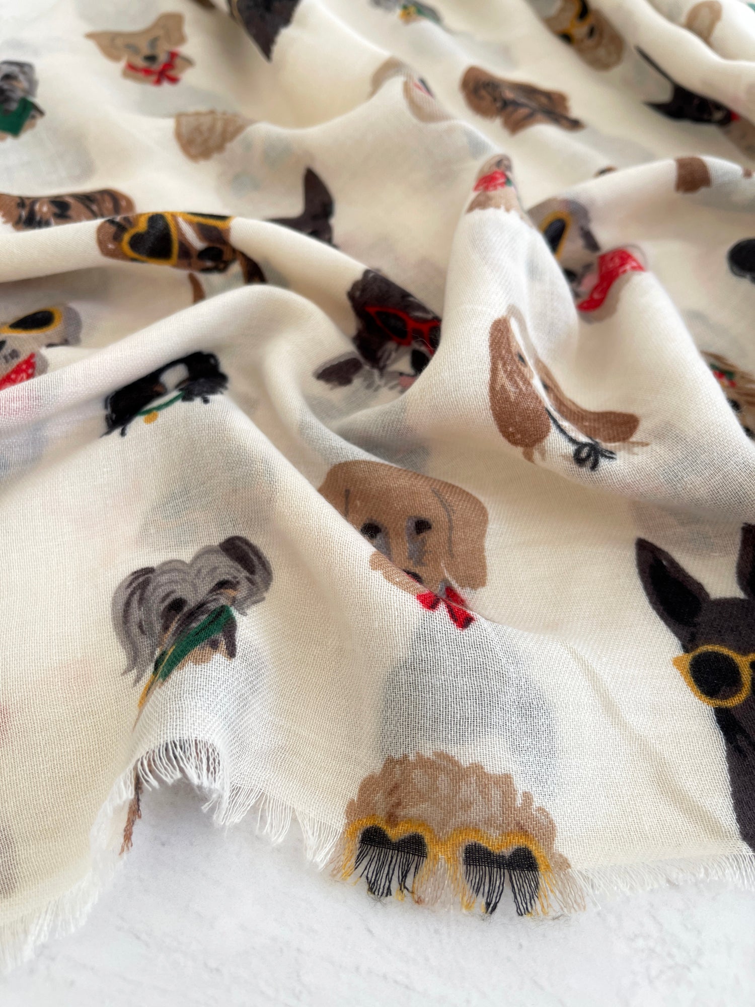 CREAM COTTON BLEND DOG PRINT LIGHTWEIGHT SCARF