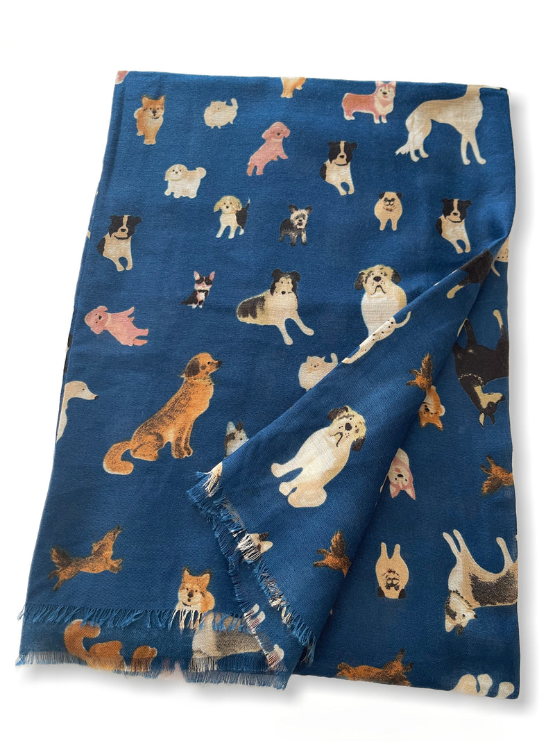 DEEP BLUE COTTON BLEND DOG PRINT LIGHTWEIGHT SCARF