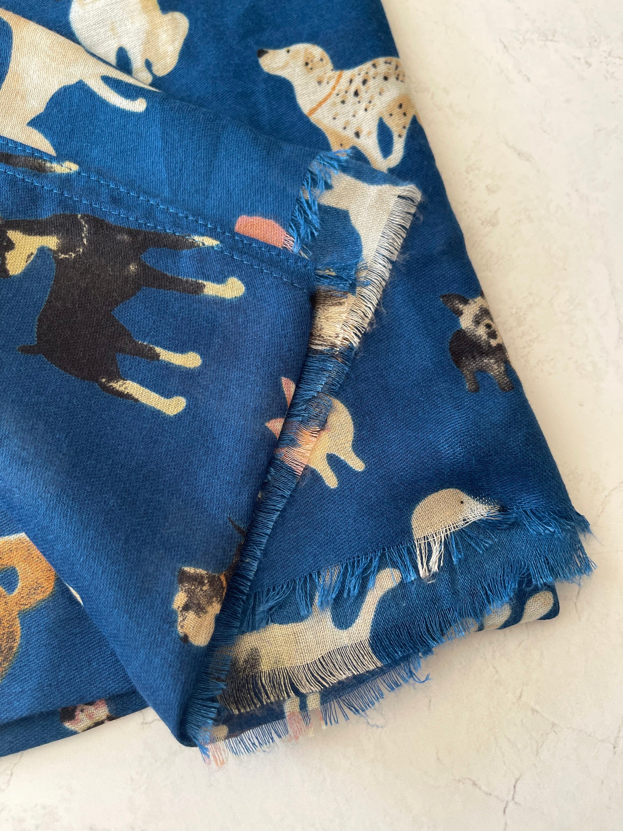 DEEP BLUE COTTON BLEND DOG PRINT LIGHTWEIGHT SCARF