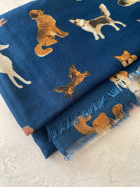 DEEP BLUE COTTON BLEND DOG PRINT LIGHTWEIGHT SCARF