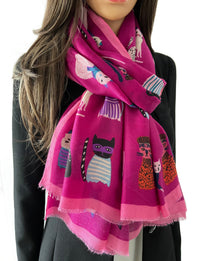 FUCHSIA PINK COTTON BLEND CAT PRINT LIGHTWEIGHT SCARF