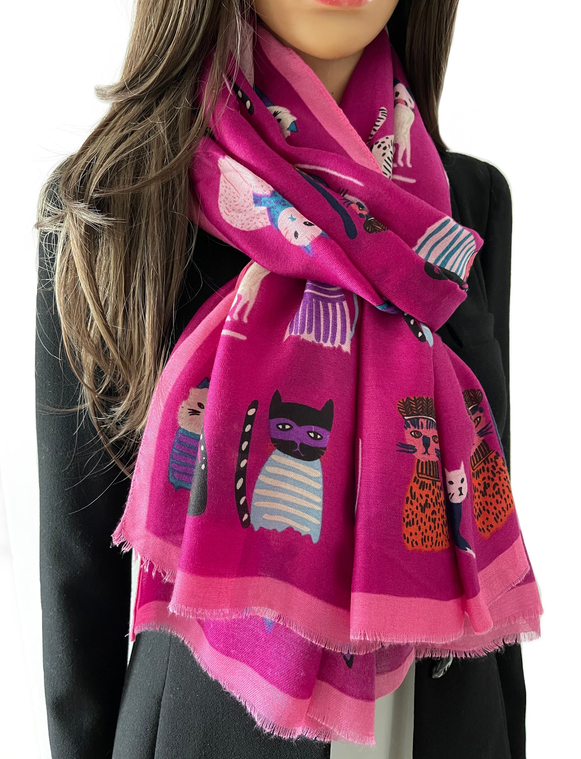 FUCHSIA PINK COTTON BLEND CAT PRINT LIGHTWEIGHT SCARF