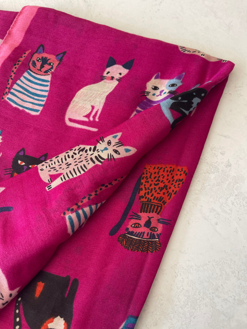 FUCHSIA PINK COTTON BLEND CAT PRINT LIGHTWEIGHT SCARF